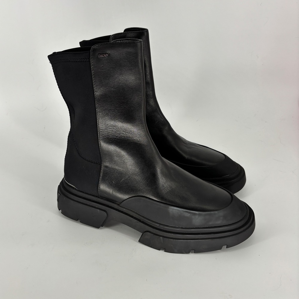 DKNY Fleming Lug Sole Boots Black Women Size 11 Platform Pull-On Mixed Media